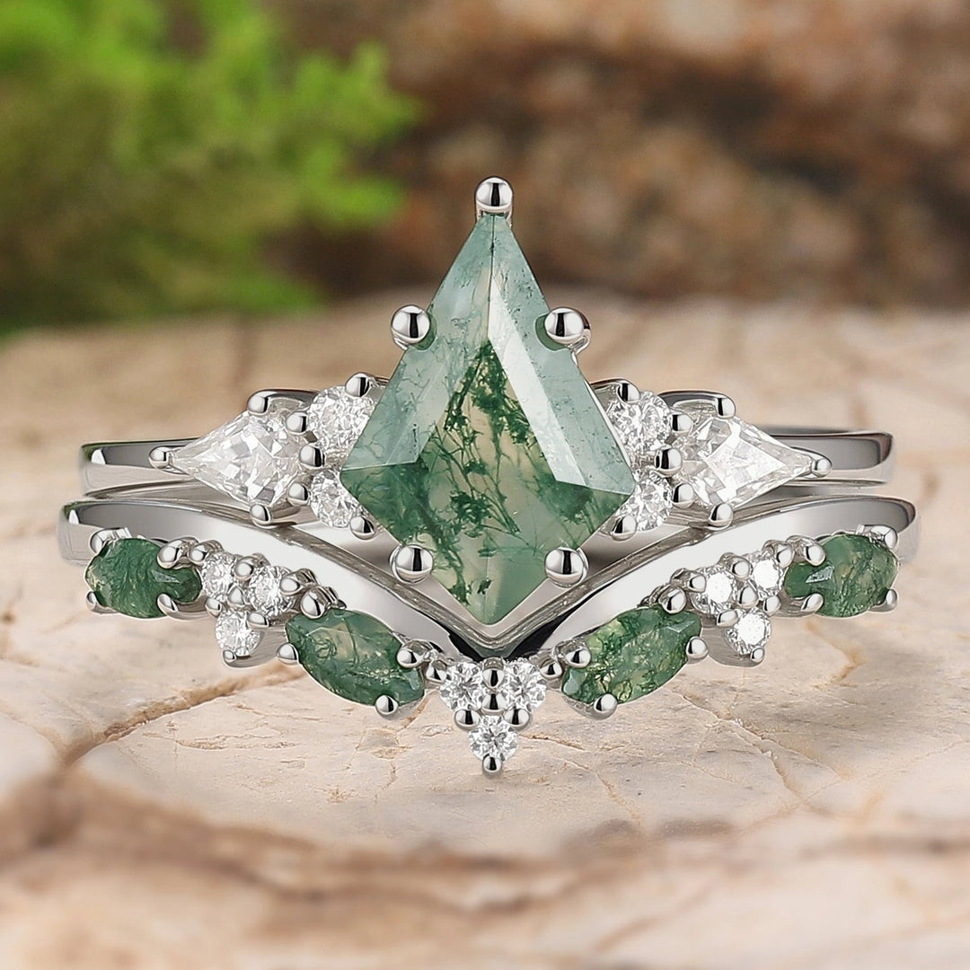 Cluster Kite Cut Moss Agate Seven Stones Ring Set 2pcs