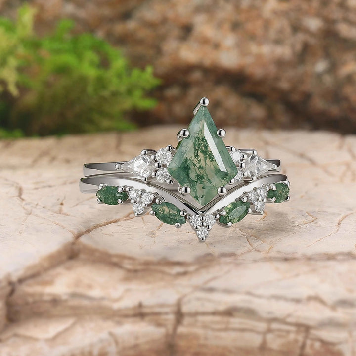 Cluster Kite Cut Moss Agate Seven Stones Silver Ring Set 2pcs