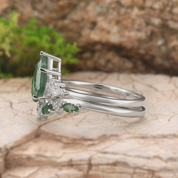 Cluster Kite Cut Moss Agate Seven Stones Silver Ring Set 2pcs
