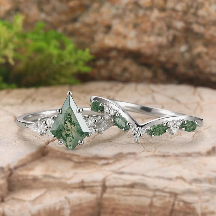 Cluster Kite Cut Moss Agate Seven Stones Silver Ring Set 2pcs