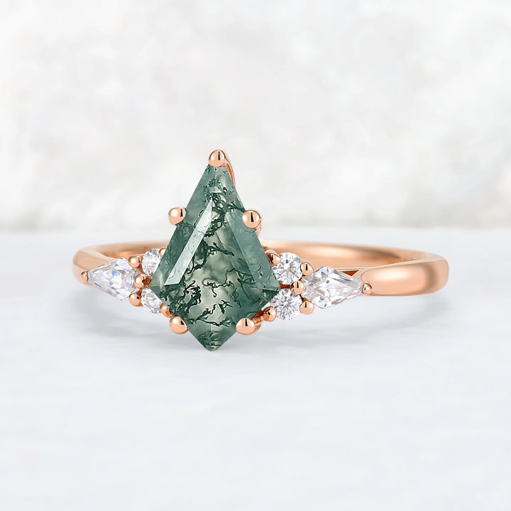 Cluster Kite Cut Moss Agate with Coffin-Shaped Moissanite Gemstone Ring