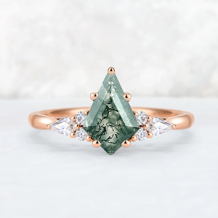 Cluster Kite Cut Moss Agate with Coffin-Shaped Moissanite Gemstone Ring