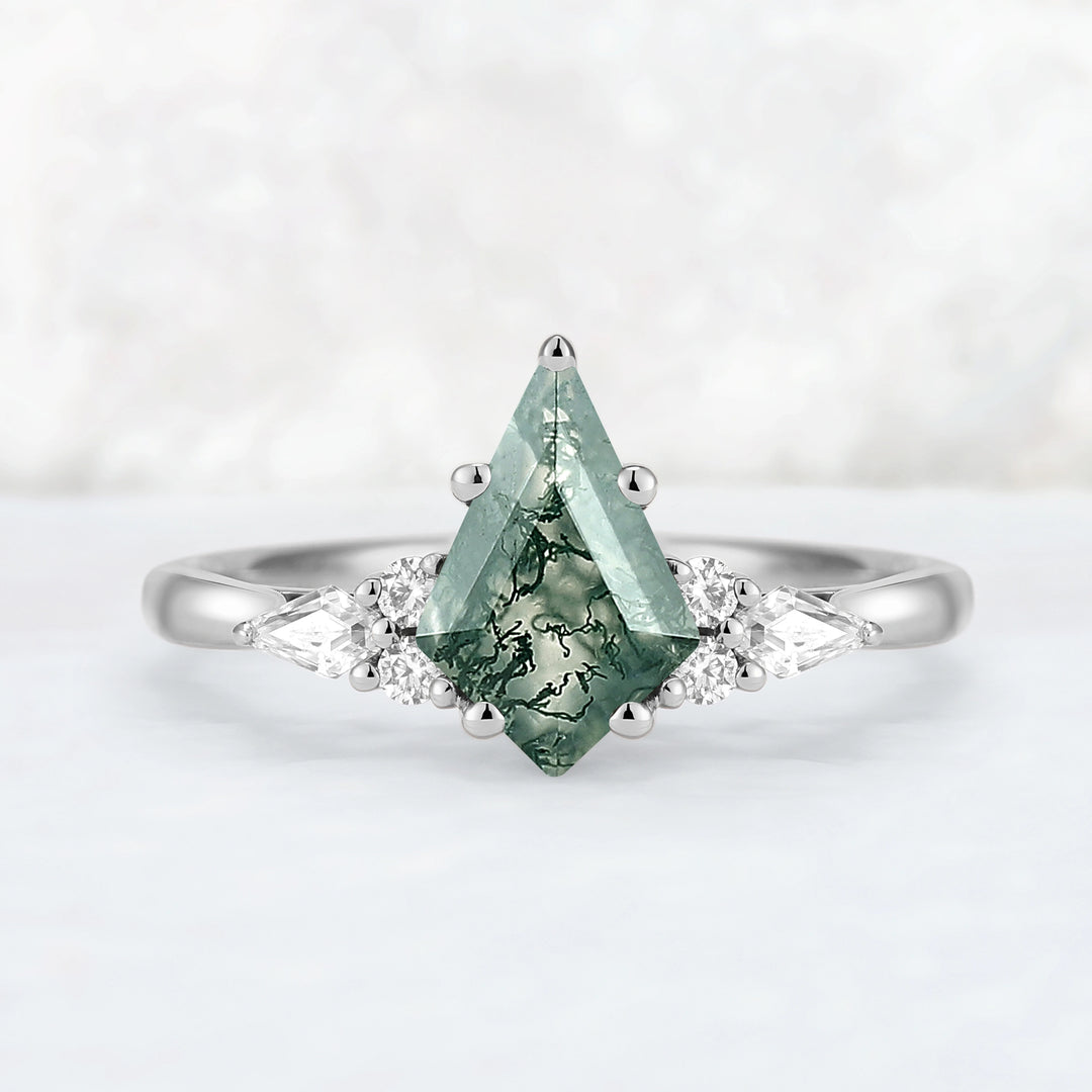 Cluster Kite Cut Moss Agate with Coffin-Shaped Moissanite Gemstone Ring