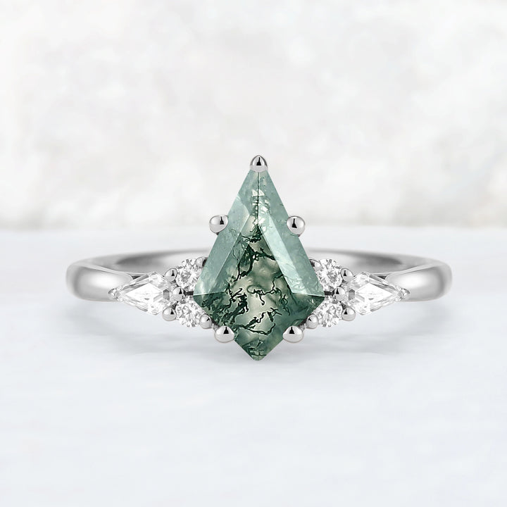 Cluster Kite Cut Moss Agate with Coffin-Shaped Moissanite Gemstone Ring