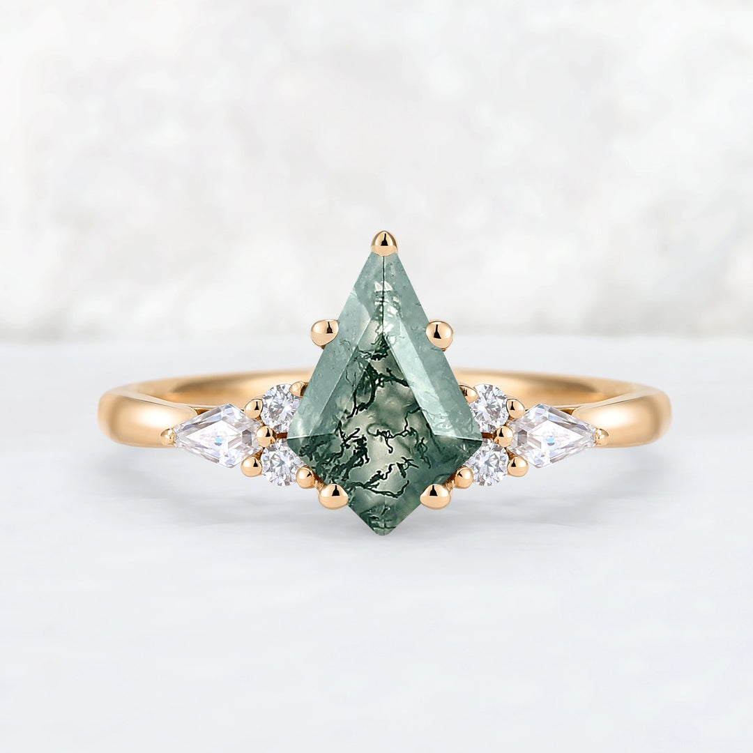 Cluster Kite Cut Moss Agate with Coffin-Shaped Moissanite Gemstone Ring