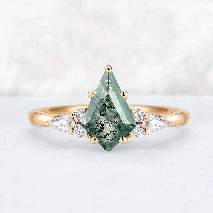 Cluster Kite Cut Moss Agate with Coffin-Shaped Moissanite Gemstone Ring