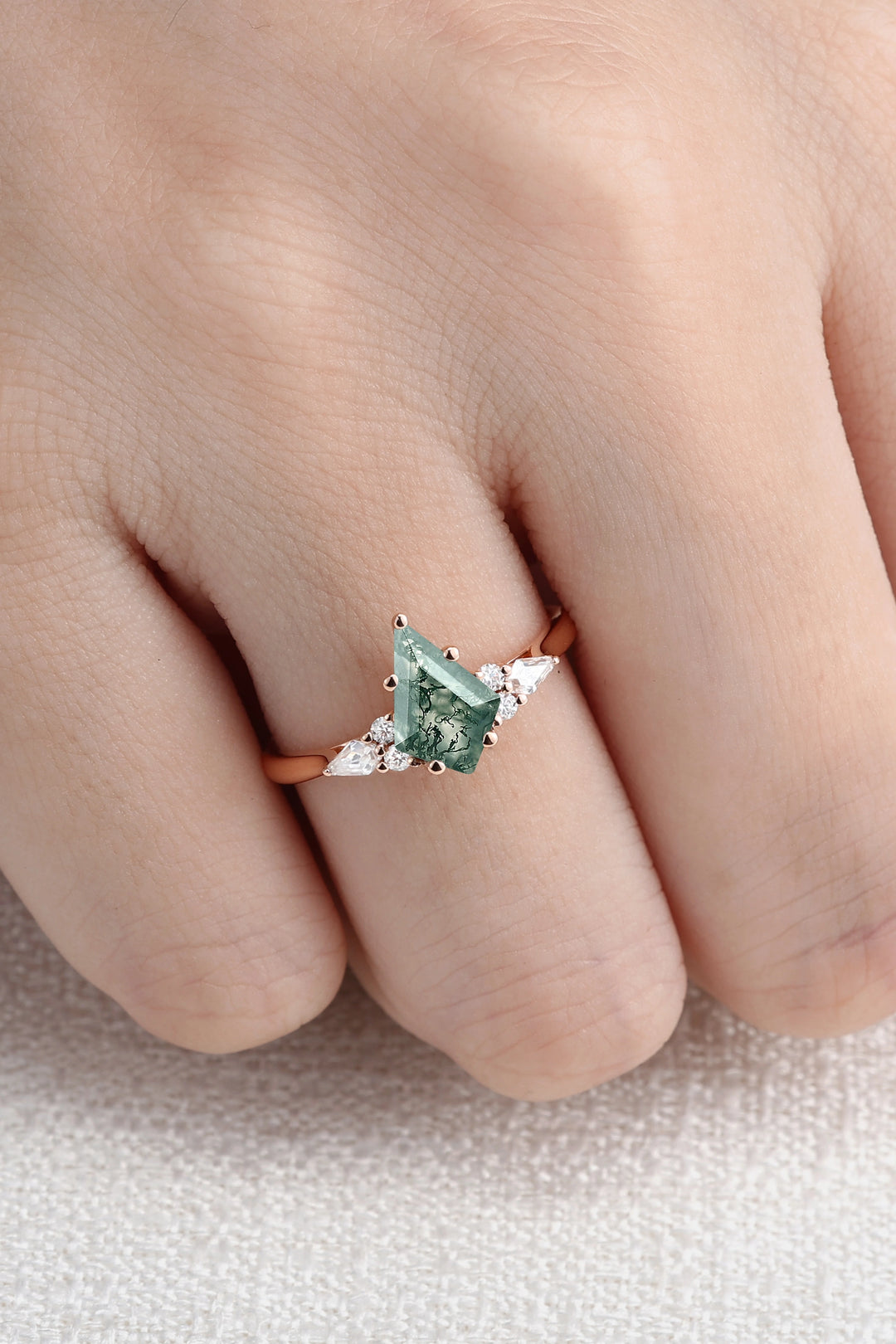Cluster Kite Cut Moss Agate with Coffin-Shaped Moissanite Gemstone Ring