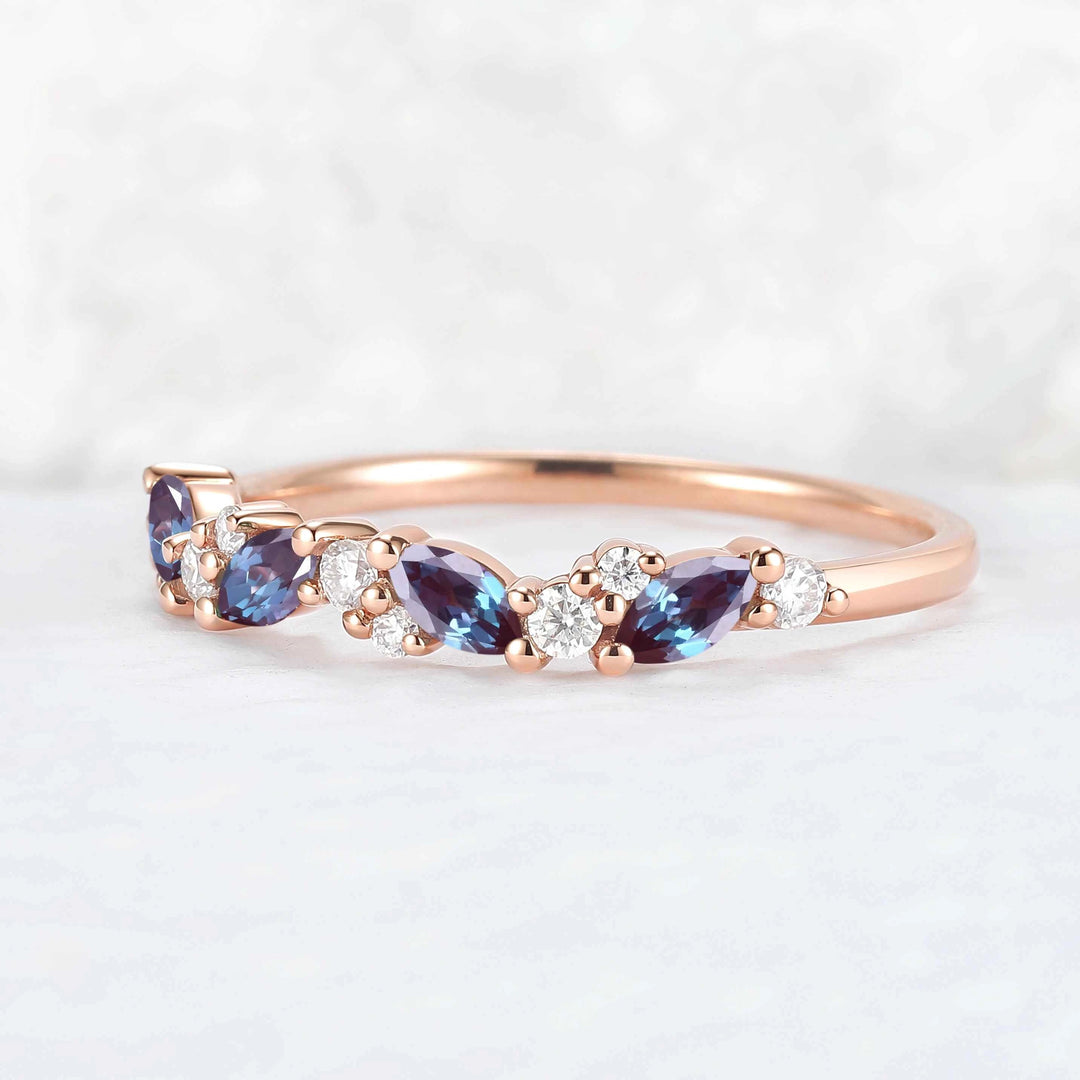 Cluster Marquise Cut Moss Agate and Round Moissanite Straight Ring