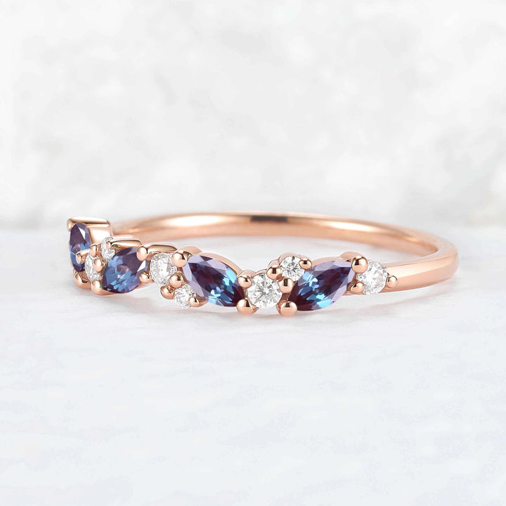 Cluster Marquise Cut Moss Agate and Round Moissanite Straight Ring