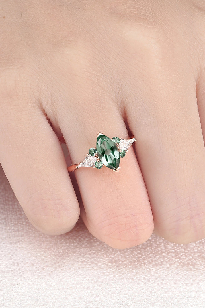 Cluster Marquise Cut Green Sapphire Seven Gemstone Ring