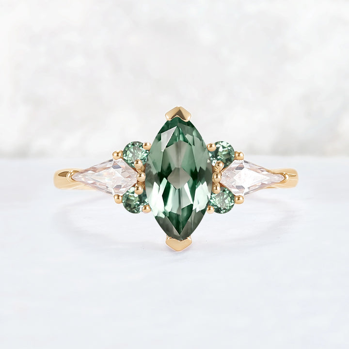 Cluster Marquise Cut Green Sapphire Seven Gemstone Ring