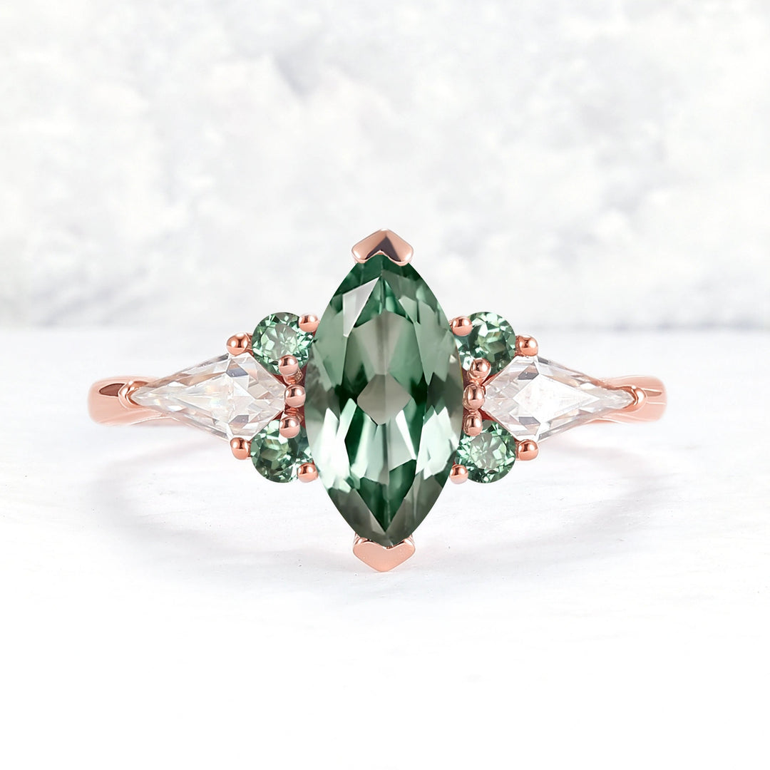 Cluster Marquise Cut Green Sapphire Seven Gemstone Ring
