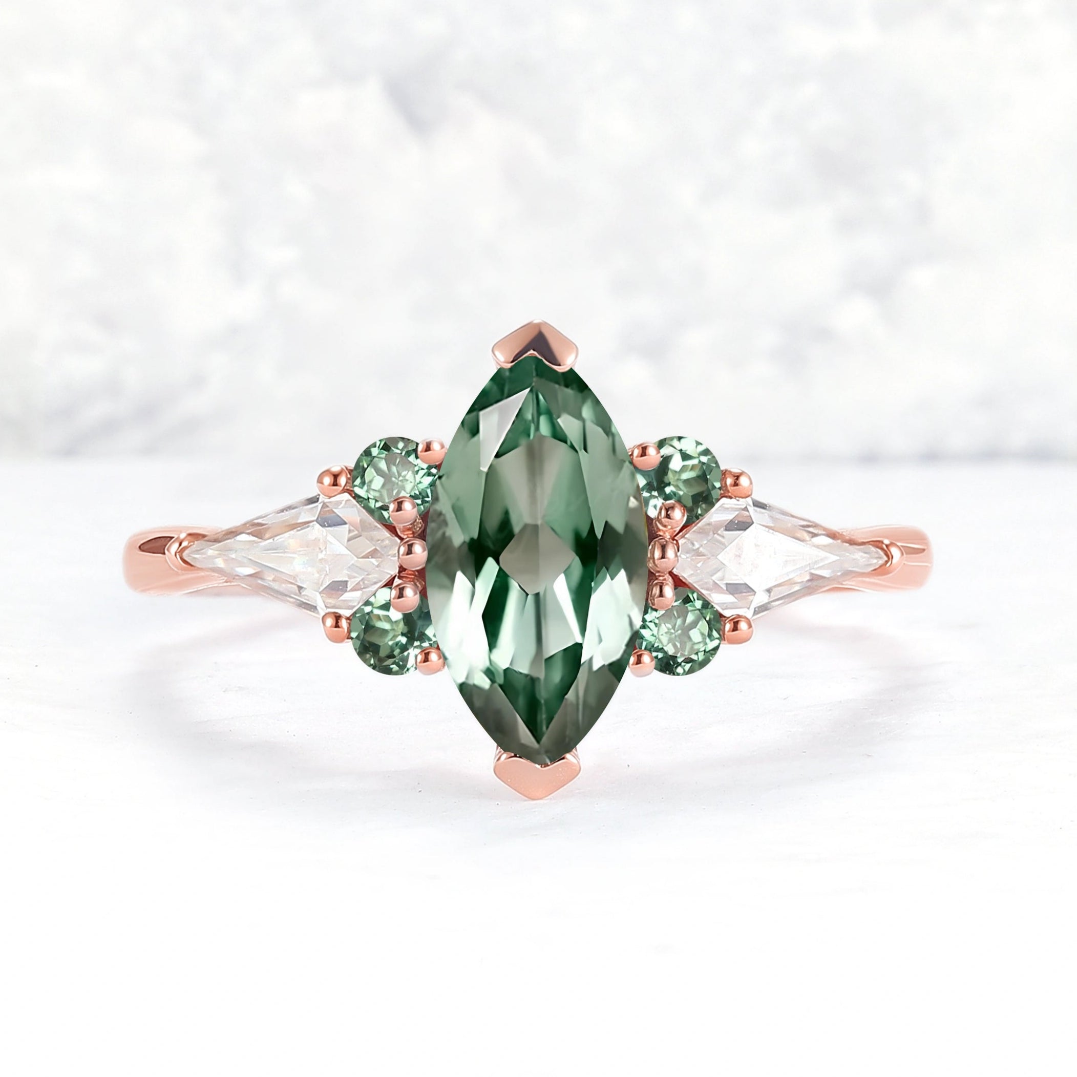 Cluster Marquise Cut Green Sapphire Seven Gemstone Ring