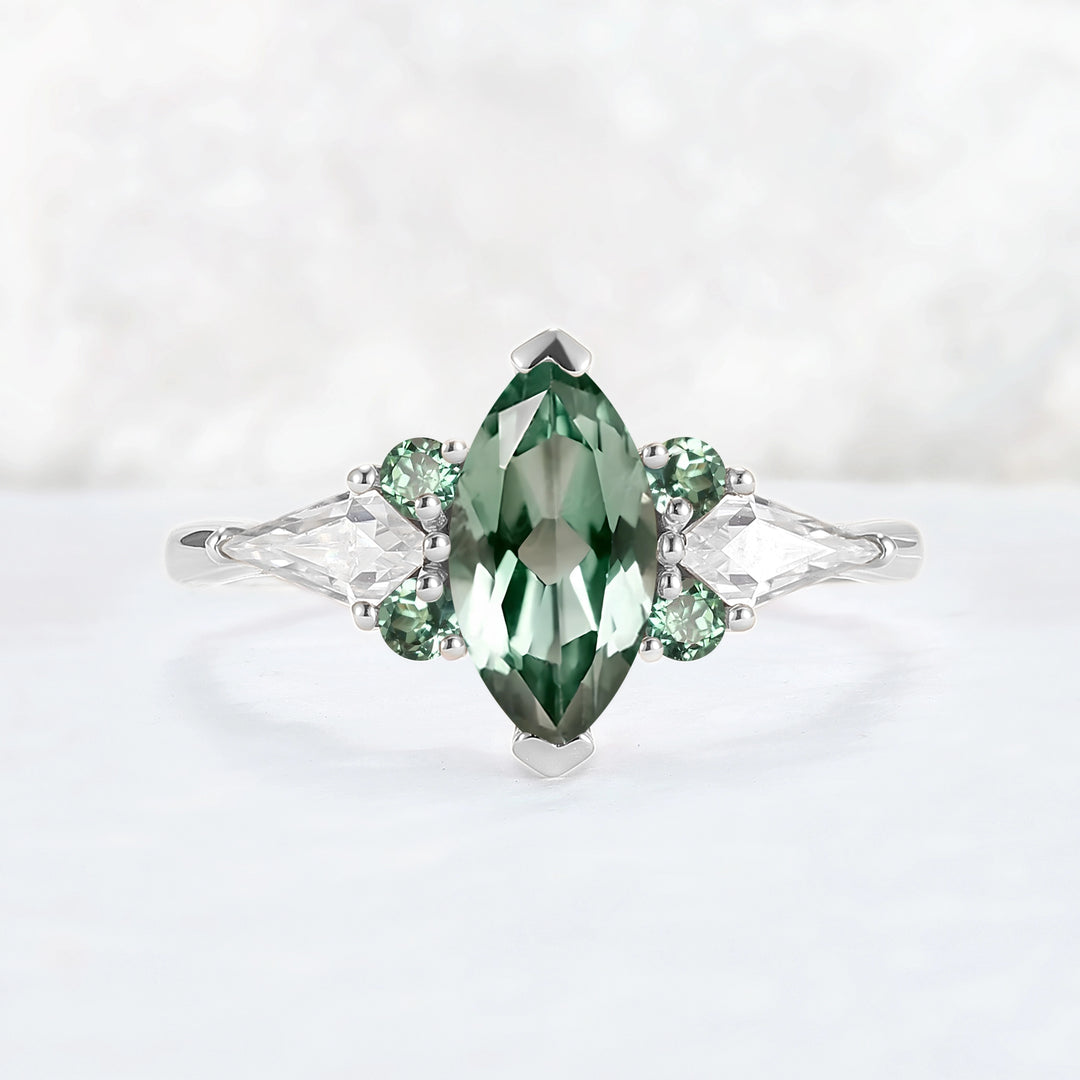 Cluster Marquise Cut Green Sapphire Seven Gemstone Ring