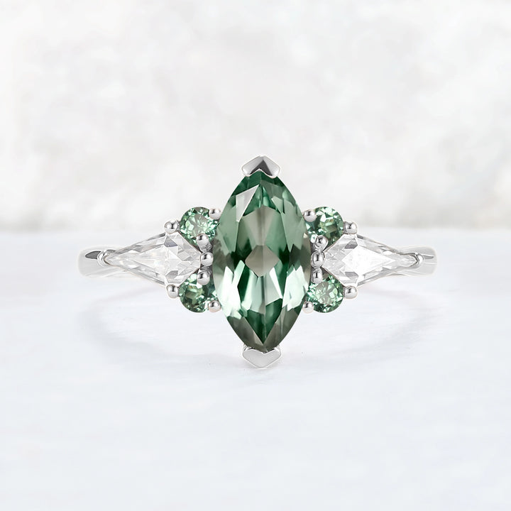 Cluster Marquise Cut Green Sapphire Seven Gemstone Ring
