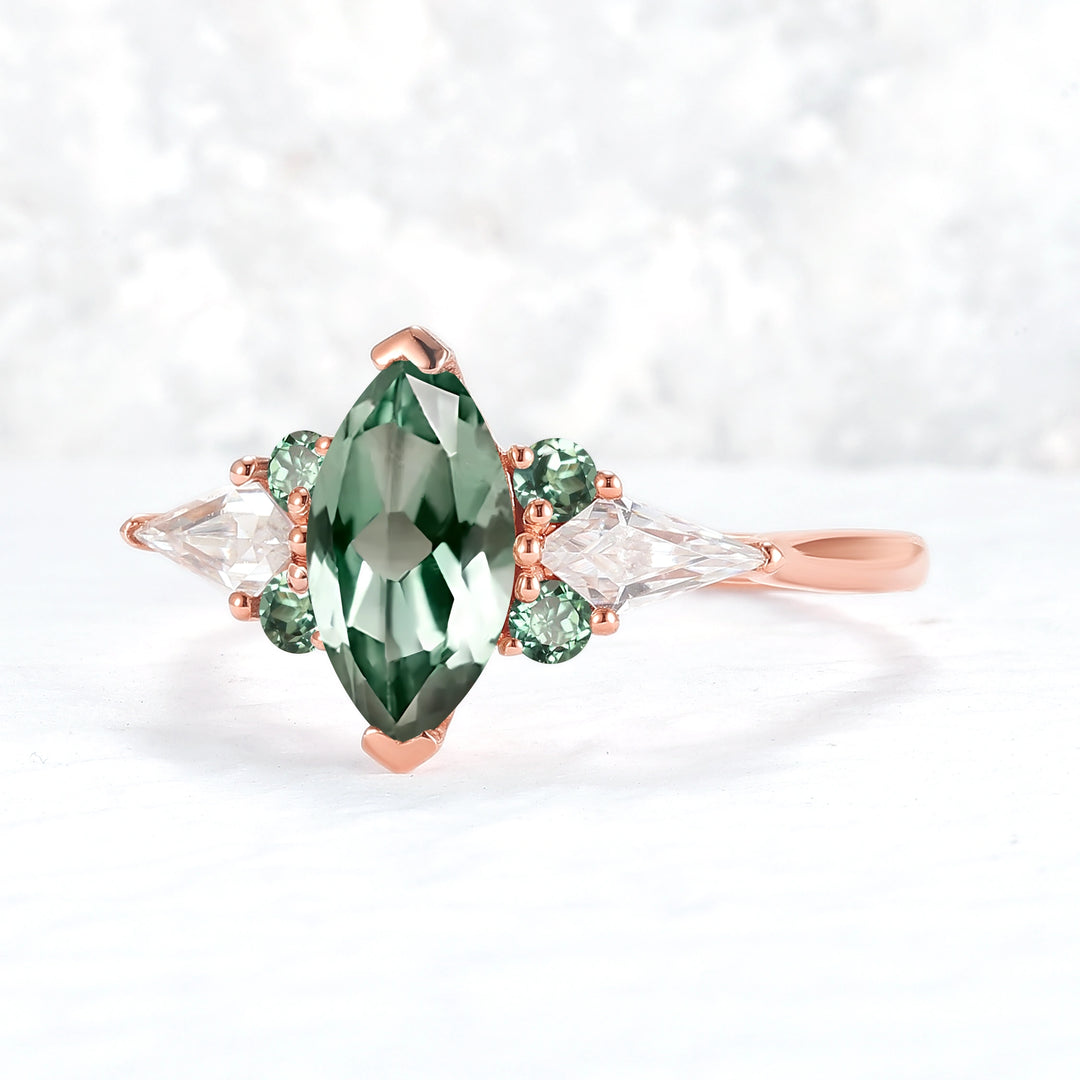 Cluster Marquise Cut Green Sapphire Seven Gemstone Ring