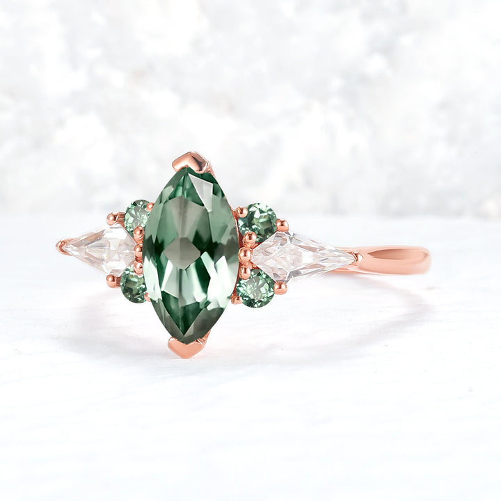 Cluster Marquise Cut Green Sapphire Seven Gemstone Ring