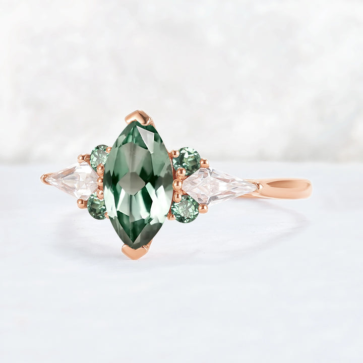 Cluster Marquise Cut Green Sapphire Seven Gemstone Ring