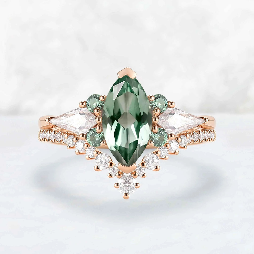 Cluster Marquise Cut Lab Green Sapphire Engagement Ring Set 2pcs