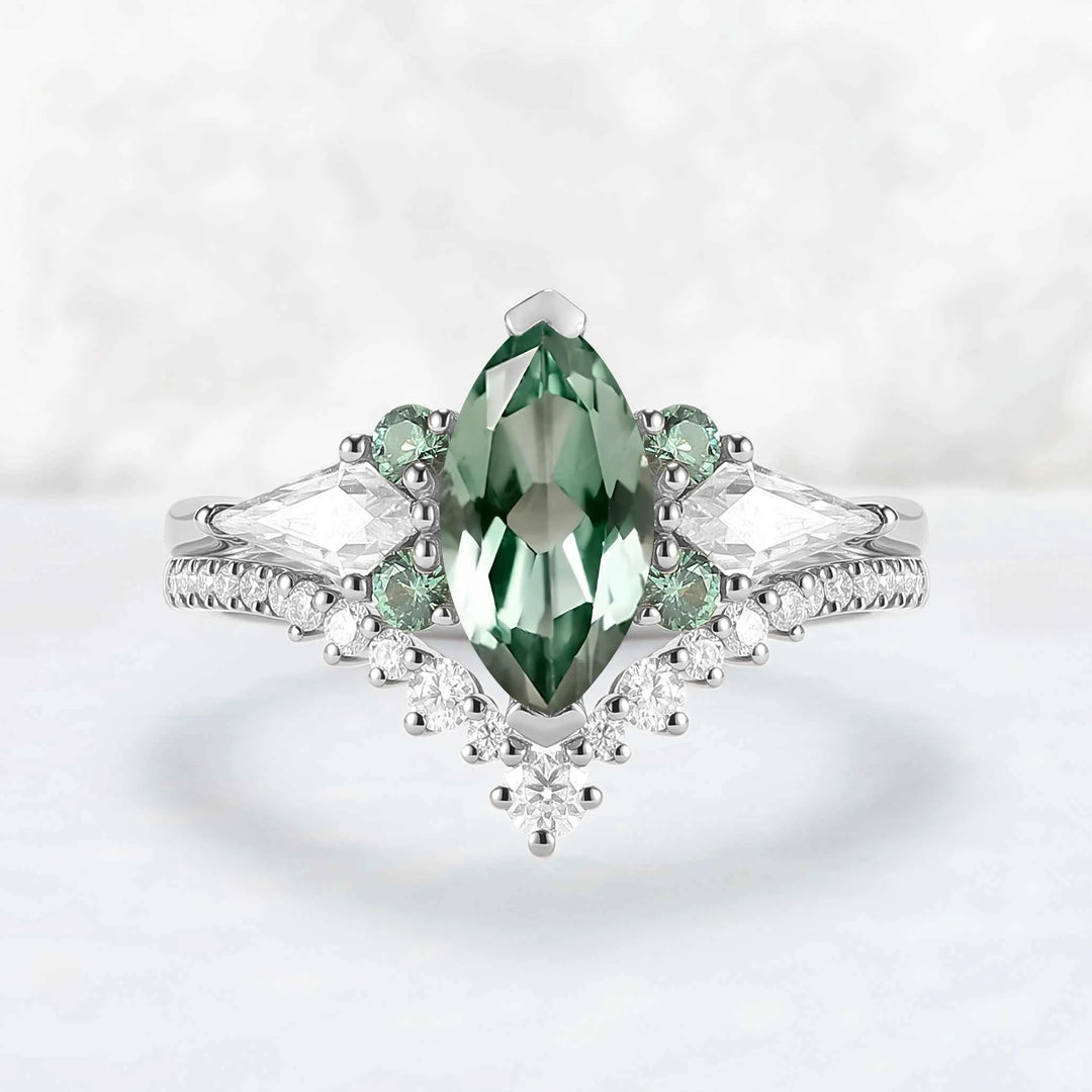 Cluster Marquise Cut Lab Green Sapphire Engagement Ring Set 2pcs