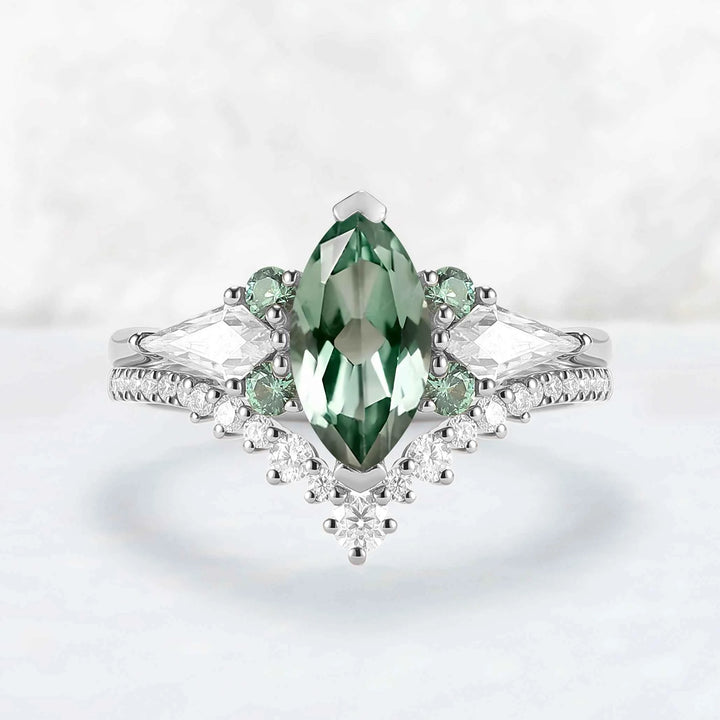 Cluster Marquise Cut Lab Green Sapphire Engagement Ring Set 2pcs