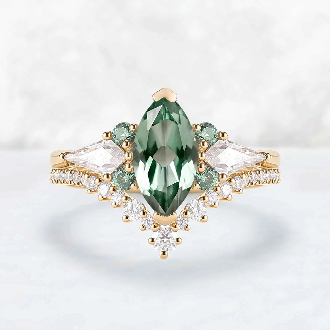 Cluster Marquise Cut Lab Green Sapphire Engagement Ring Set 2pcs