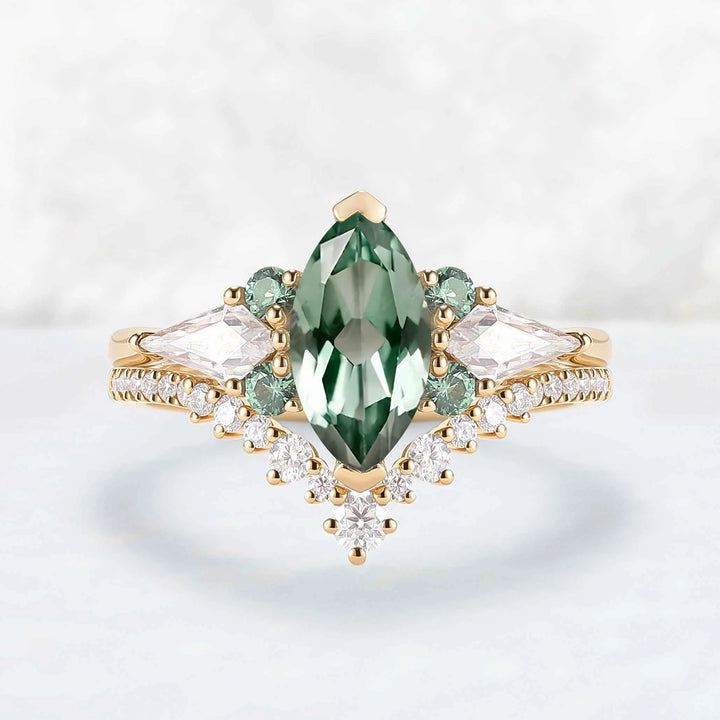 Cluster Marquise Cut Lab Green Sapphire Engagement Ring Set 2pcs