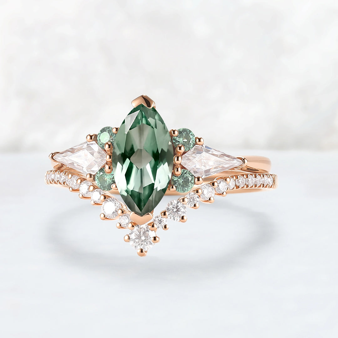 Cluster Marquise Cut Lab Green Sapphire Engagement Ring Set 2pcs