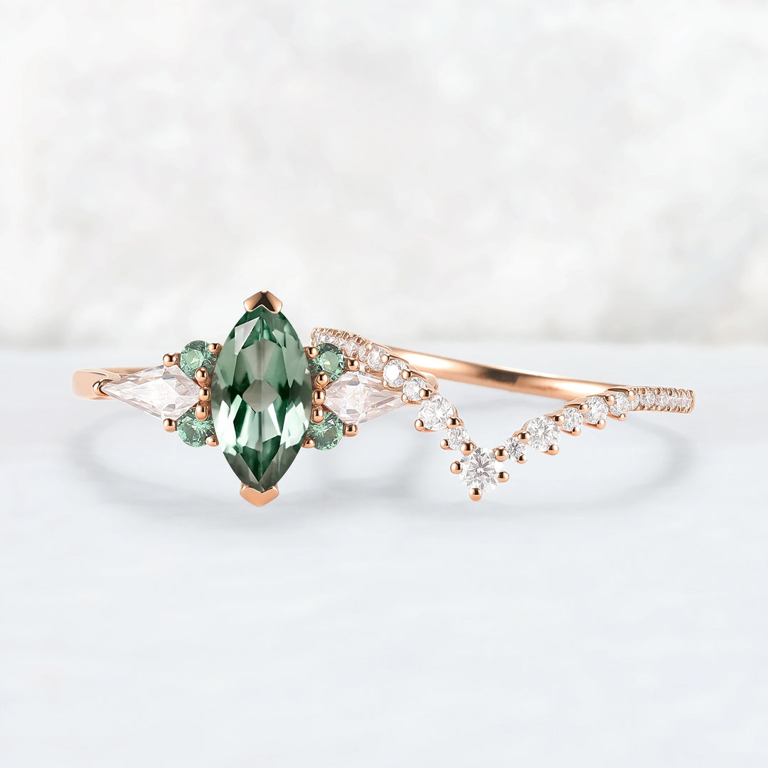 Cluster Marquise Cut Lab Green Sapphire Engagement Ring Set 2pcs