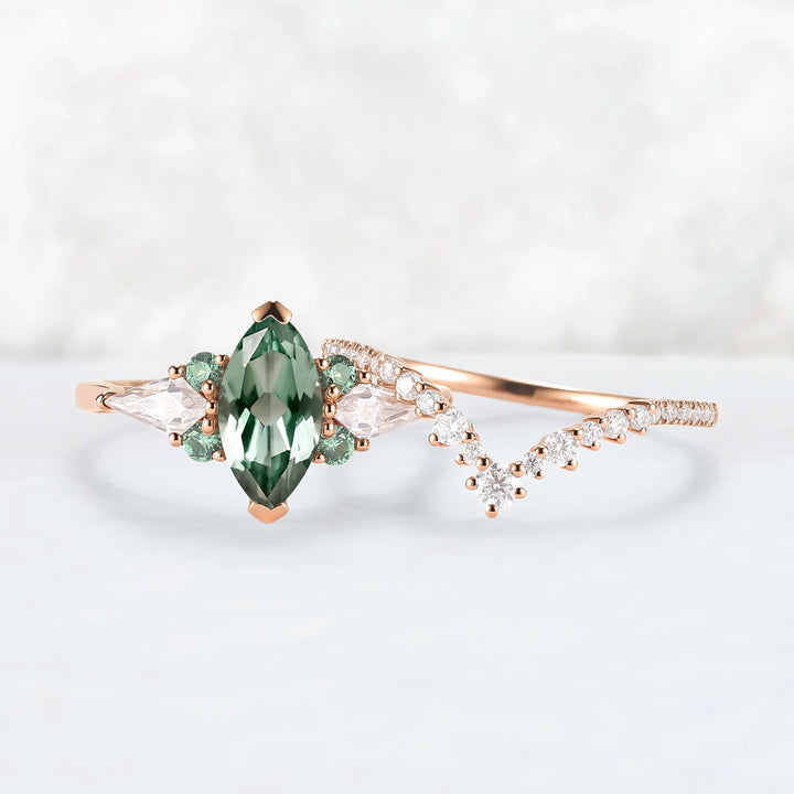 Cluster Marquise Cut Lab Green Sapphire Engagement Ring Set 2pcs