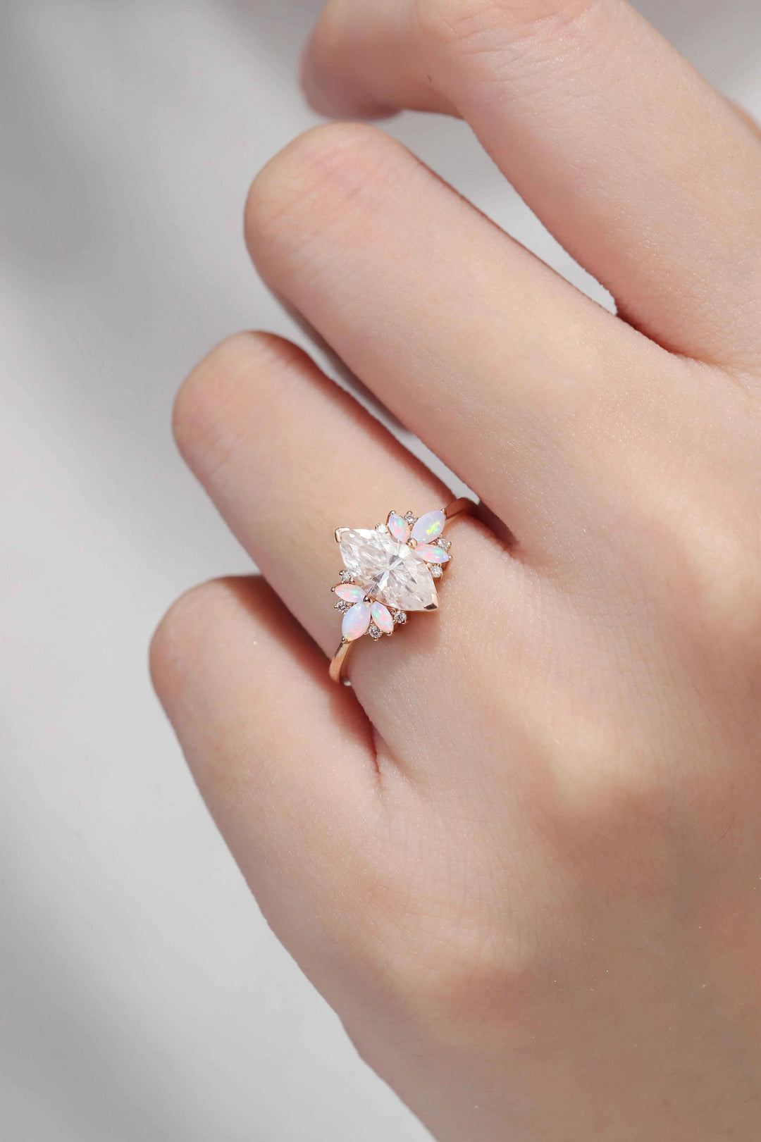 Cluster Marquise Cut Moissanite & Opal Petal Side Gemstone Ring
