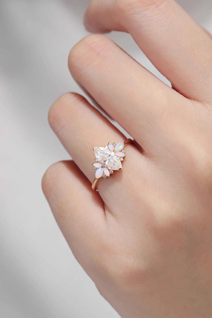 Cluster Marquise Cut Moissanite & Opal Petal Side Gemstone Ring