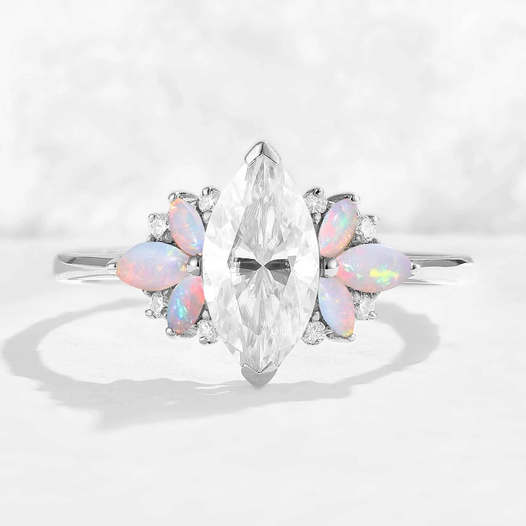 Cluster Marquise Cut Moissanite & Opal Petal Side Gemstone Ring