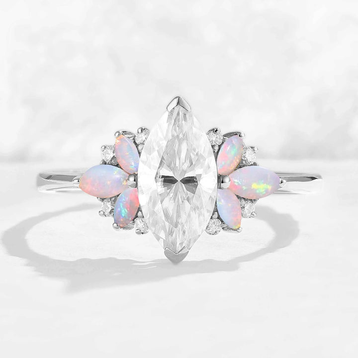 Cluster Marquise Cut Moissanite & Opal Petal Side Gemstone Ring