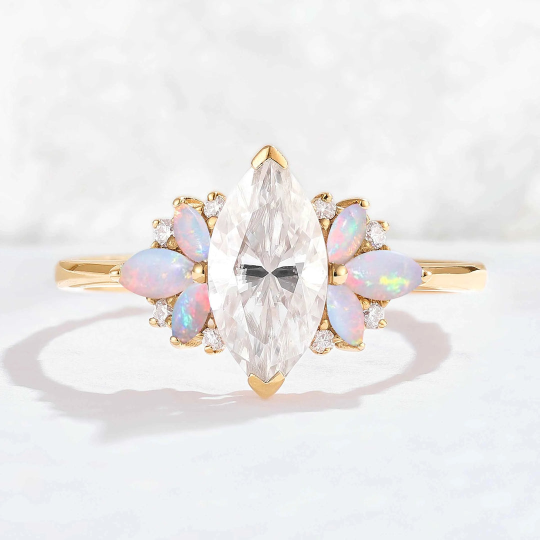 Cluster Marquise Cut Moissanite & Opal Petal Side Gemstone Ring
