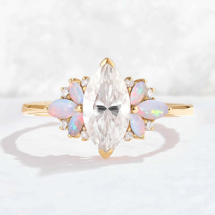 Cluster Marquise Cut Moissanite & Opal Petal Side Gemstone Ring
