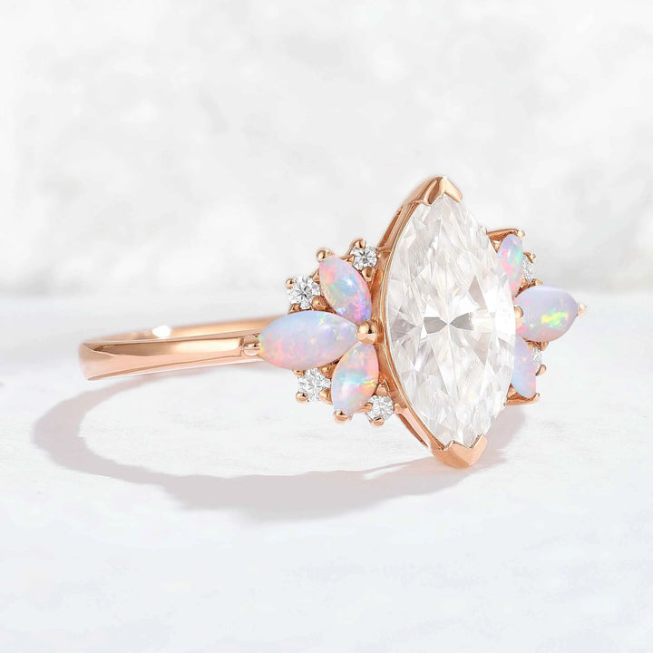 Cluster Marquise Cut Moissanite & Opal Petal Side Gemstone Ring