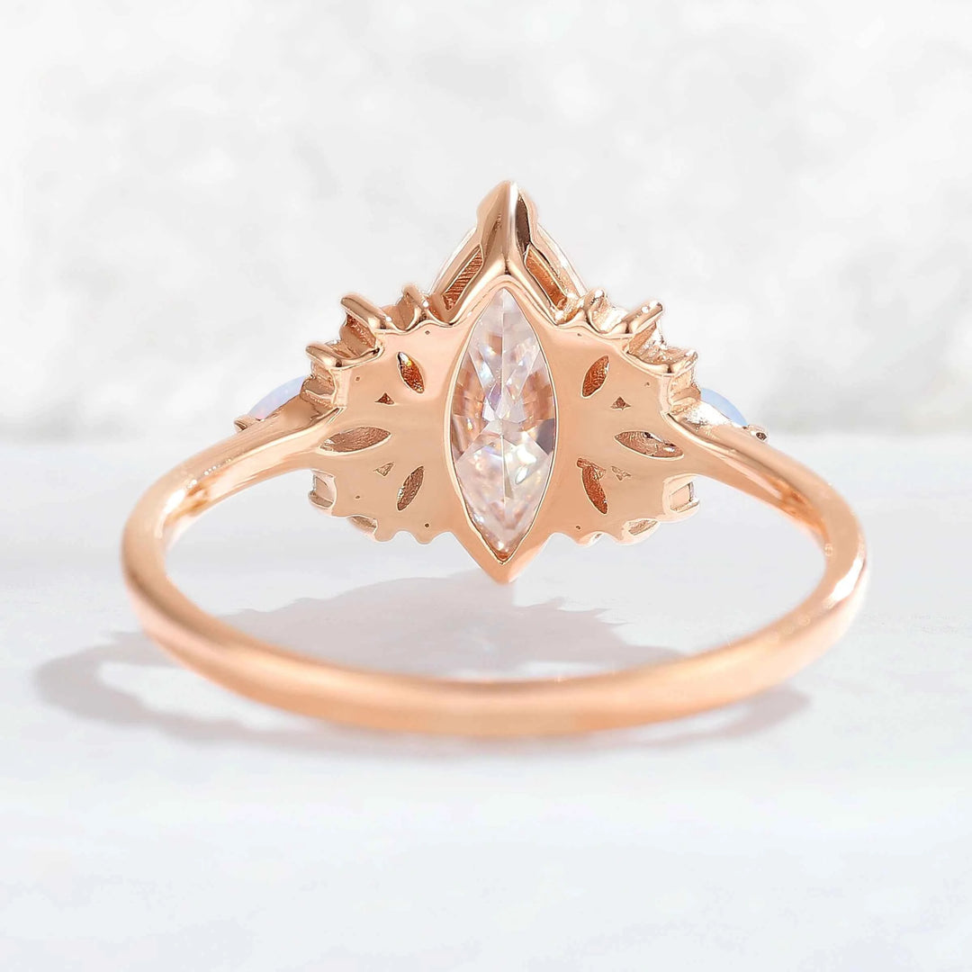 Cluster Marquise Cut Moissanite & Opal Petal Side Gemstone Ring