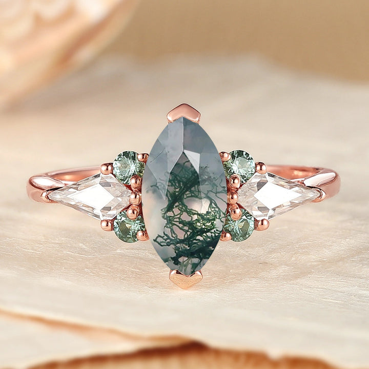 Cluster Marquise Cut Moss agate Seven Gemstone Ring