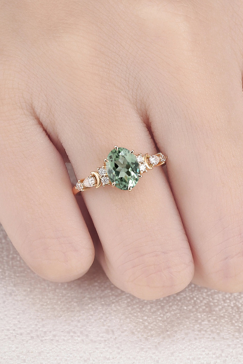 Cluster Oval Green Sapphire Moon Gemstone Ring