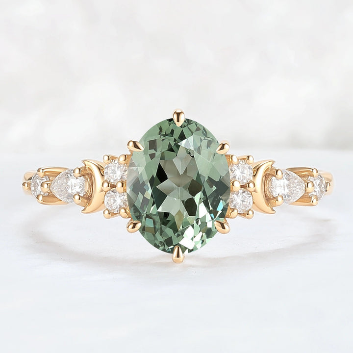 Cluster Oval Green Sapphire Moon Gemstone Ring