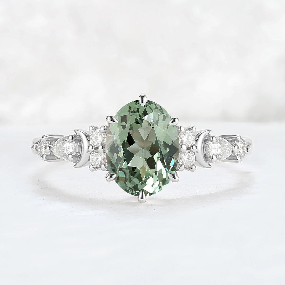Cluster Oval Green Sapphire Moon Gemstone Ring