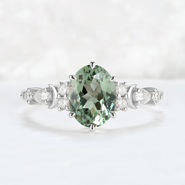 Cluster Oval Green Sapphire Moon Gemstone Ring