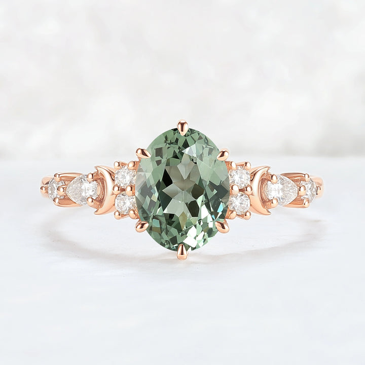 Cluster Oval Green Sapphire Moon Gemstone Ring