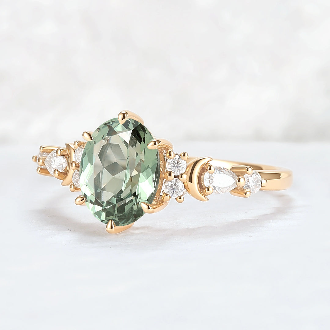 Cluster Oval Green Sapphire Moon Gemstone Ring