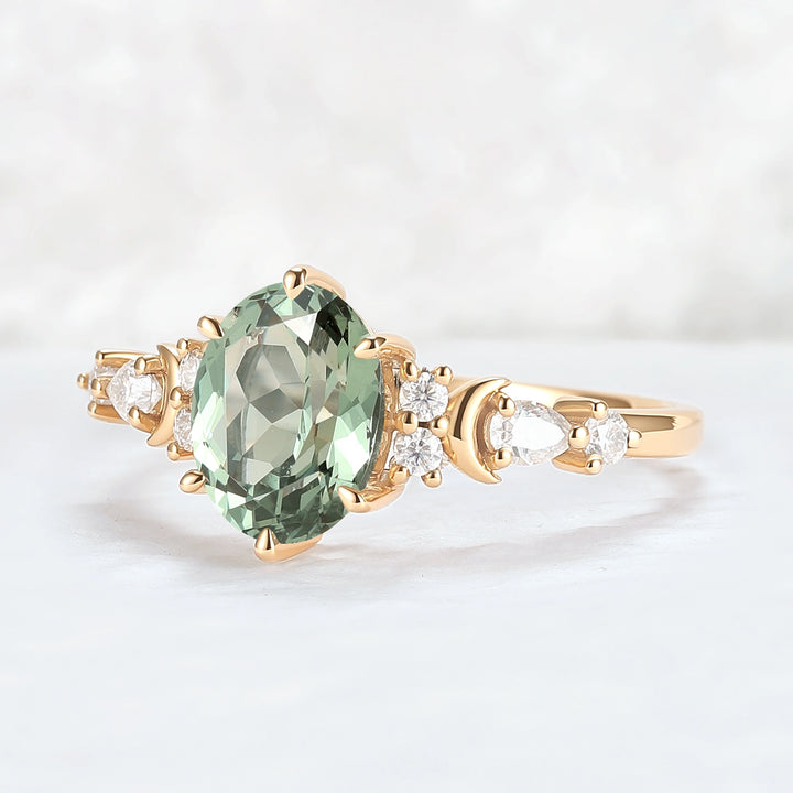 Cluster Oval Green Sapphire Moon Gemstone Ring