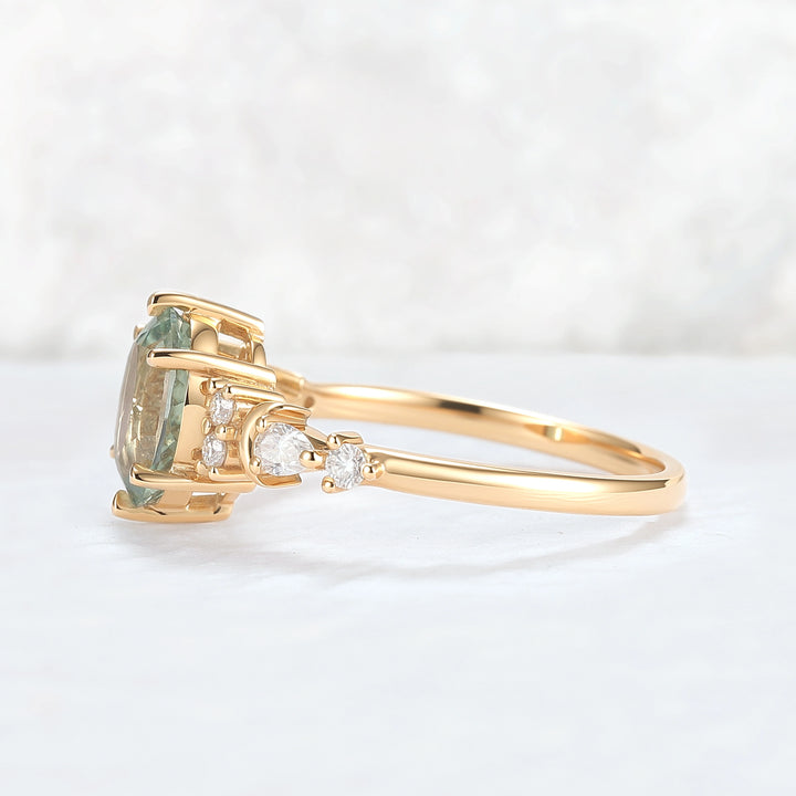 Cluster Oval Green Sapphire Moon Gemstone Ring