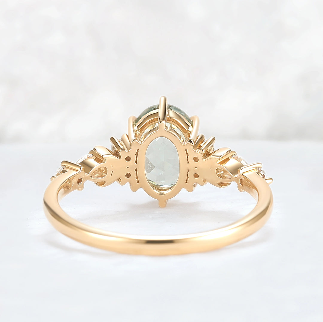 Cluster Oval Green Sapphire Moon Gemstone Ring