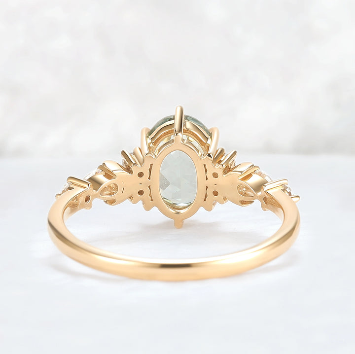 Cluster Oval Green Sapphire Moon Gemstone Ring