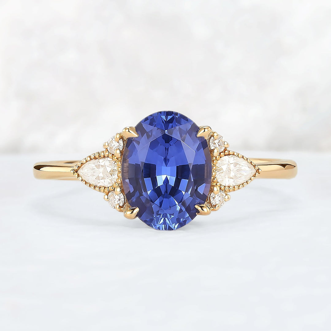 Cluster Oval Shaped Cornflower Sapphire  Gemstone Ring